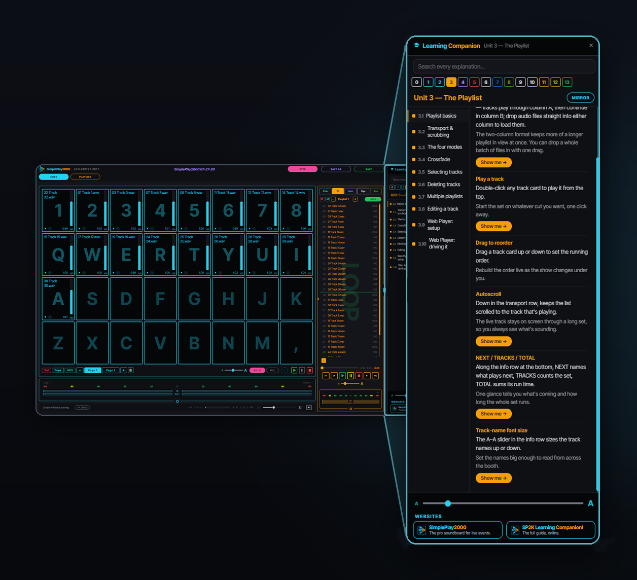 The Learning Companion open beside a live SimplePlay2000 show — Unit 3, The Playlist, with the episode list, explanations and Show me buttons that walk you to each control