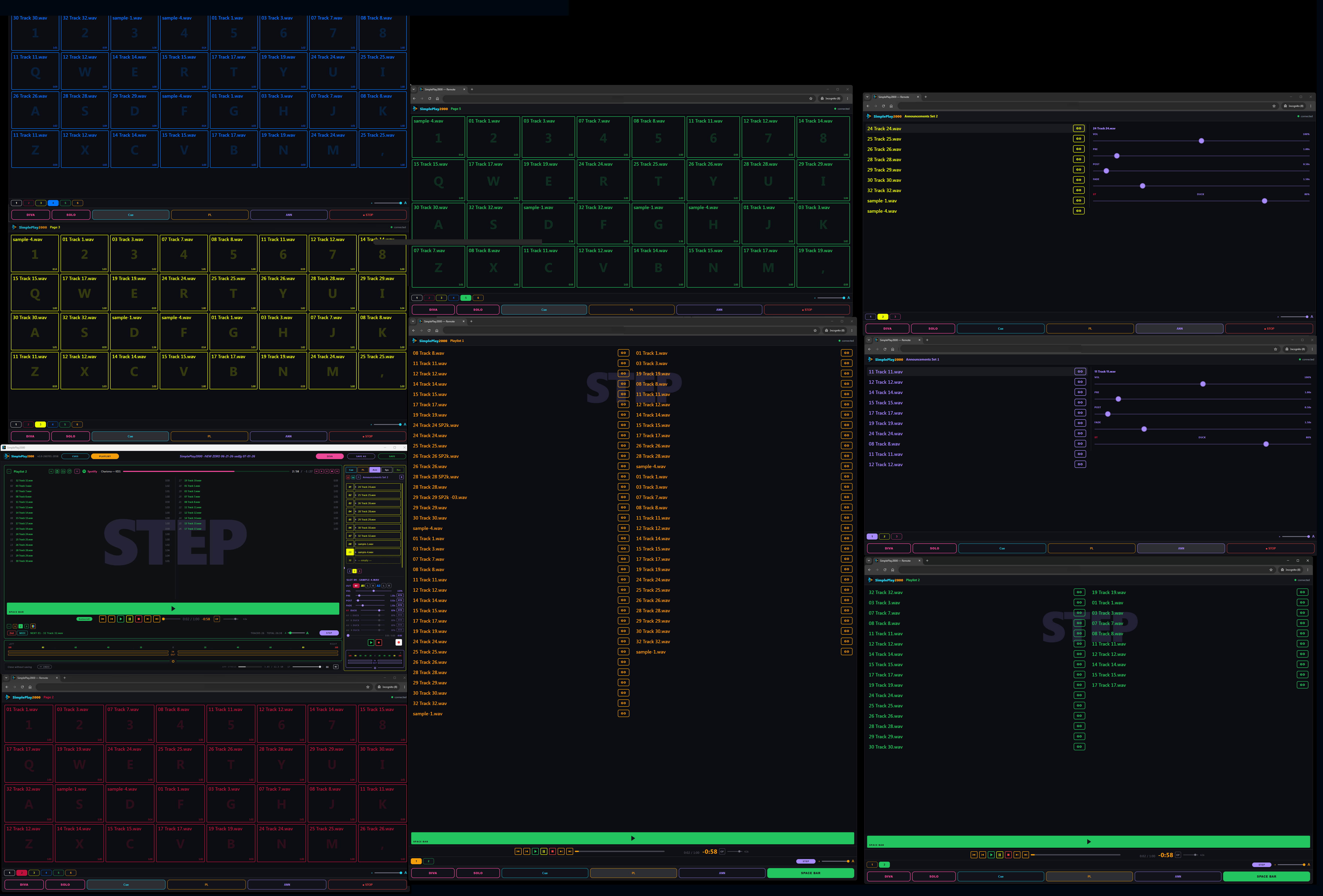 A wall of SimplePlay2000 Web Remote views — cue grids in every category color, playlists in STEP mode, and announcement panels with live ducking