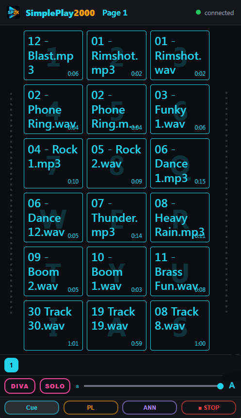 SimplePlay2000 Web Remote on a phone — scrolling cue grid