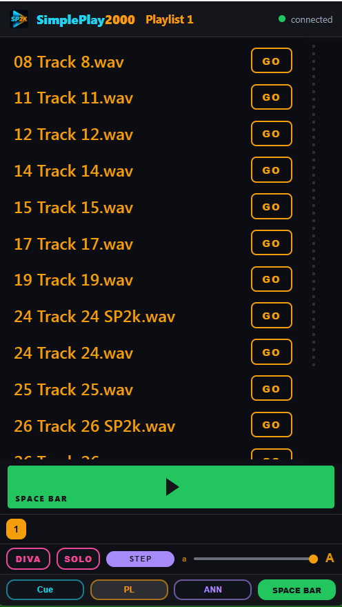 SimplePlay2000 Web Remote on a phone — playlist with GO buttons and the STEP space bar