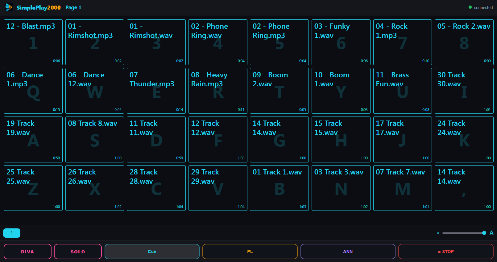 SimplePlay2000 Web Remote on an iPad — the full 8-column cue grid, connected over the local network