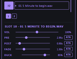 An announcement slot showing volume, pre-roll, post-roll, fade, and duck controls