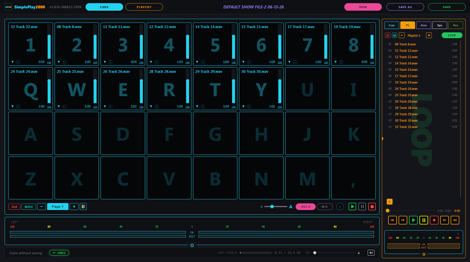 SimplePlay2000 — Cues view, with the active playlist mirrored in the side panel