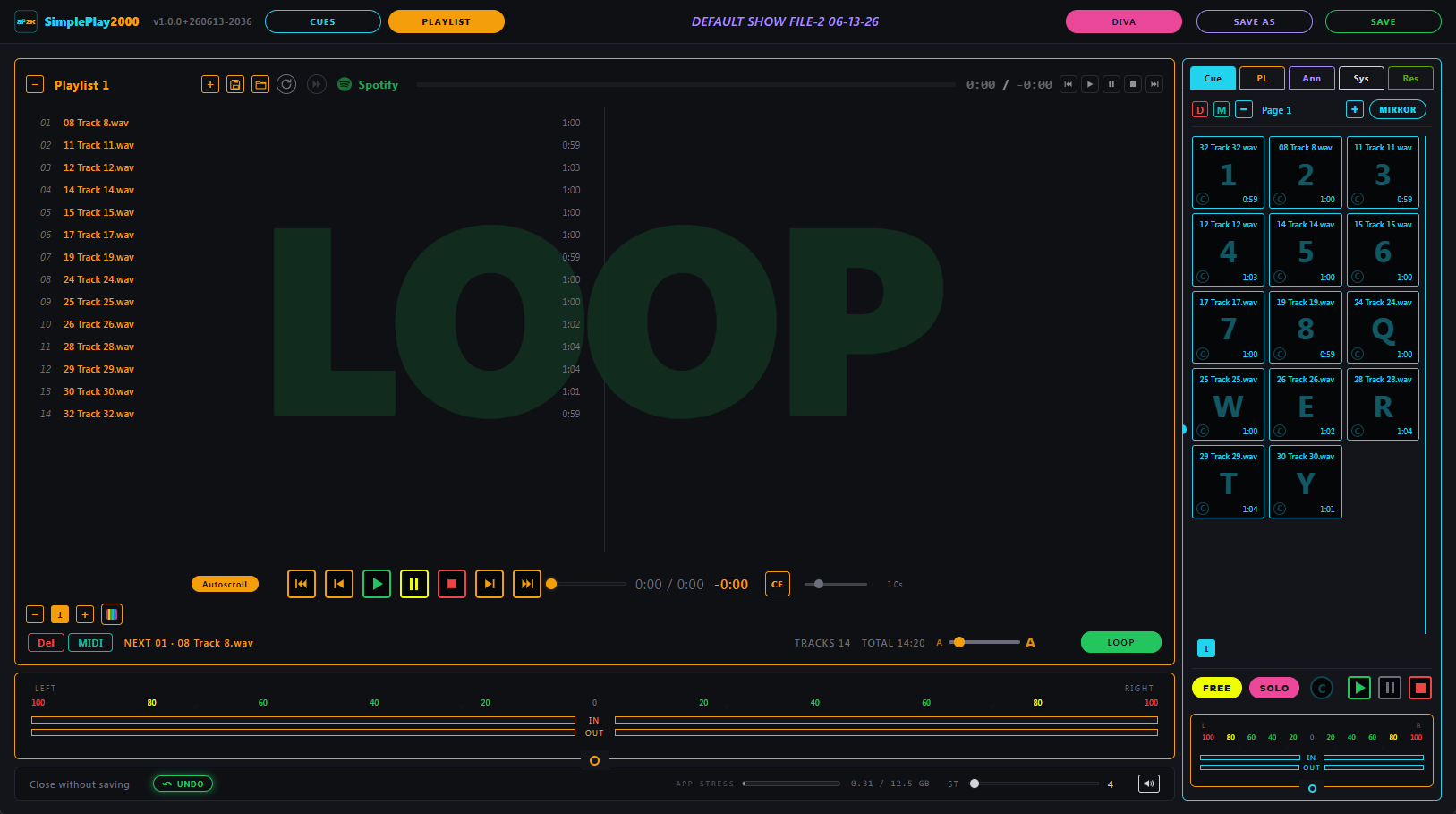 SimplePlay2000 — Playlist view, with the cue grid mirrored in the side panel